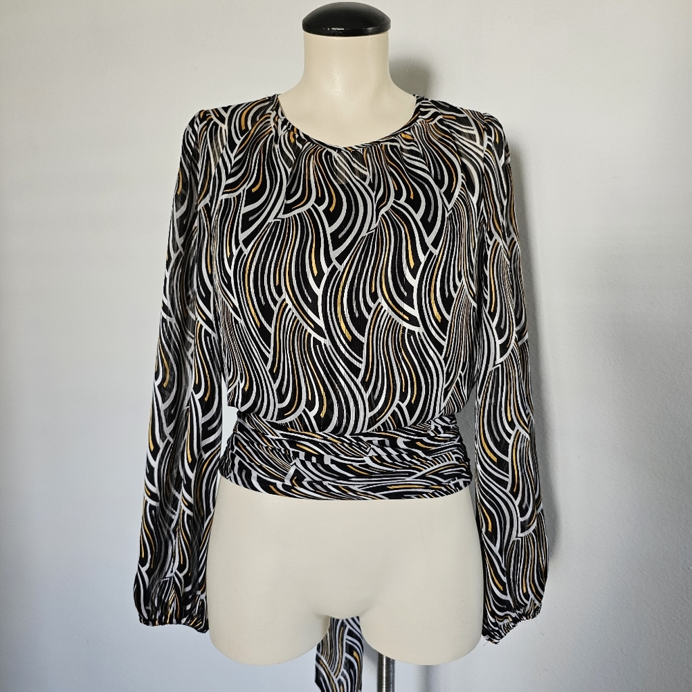 WHBM Chic Boat Neck Retro Back Tie Sheer Balloon Sleeves Blouse